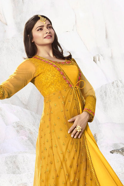 Saffron-Yellow Net and Silk Anarkali Suit