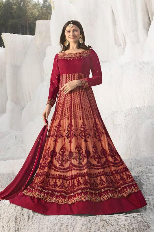 Wine and Pink Silk Floor Length Anarkali Suit