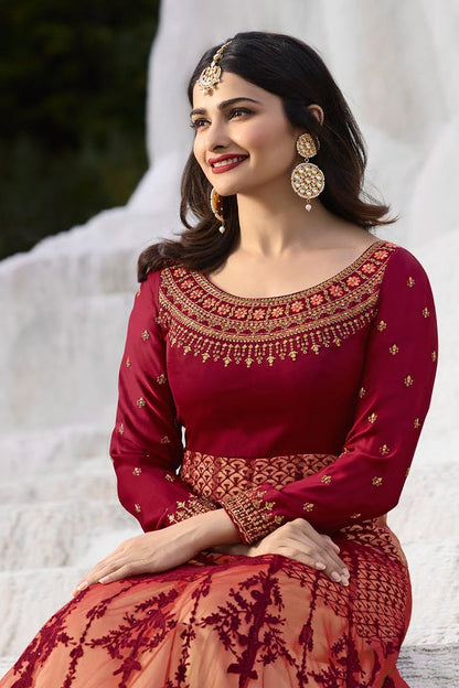 Wine and Pink Silk Floor Length Anarkali Suit