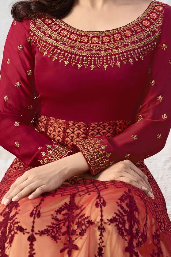 Wine and Pink Silk Floor Length Anarkali Suit