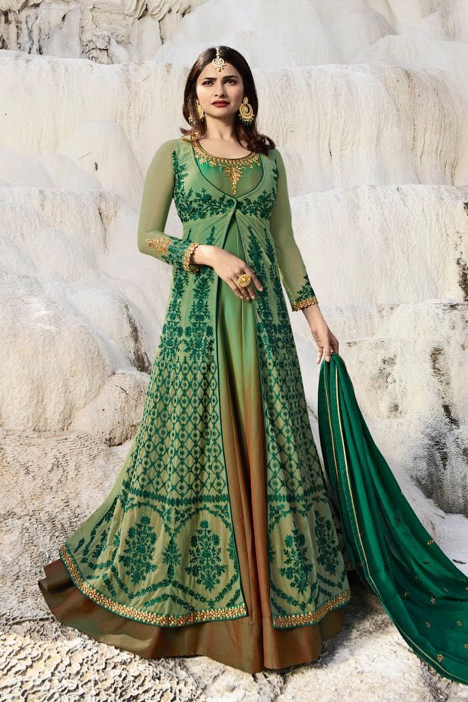 Olive-Green and Bronze Dual Tone Silk Anarkali Suit