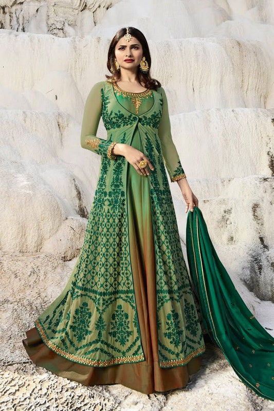 Olive-Green and Bronze Dual Tone Silk Anarkali Suit
