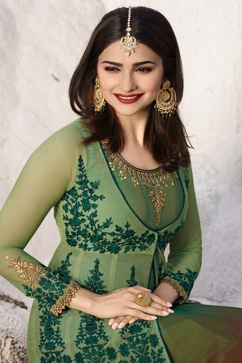 Olive-Green and Bronze Dual Tone Silk Anarkali Suit