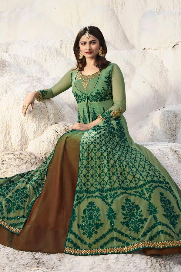 Olive-Green and Bronze Dual Tone Silk Anarkali Suit