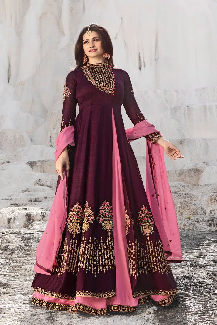 Mahogany and Baby-Pink Silk Anarkali Suit