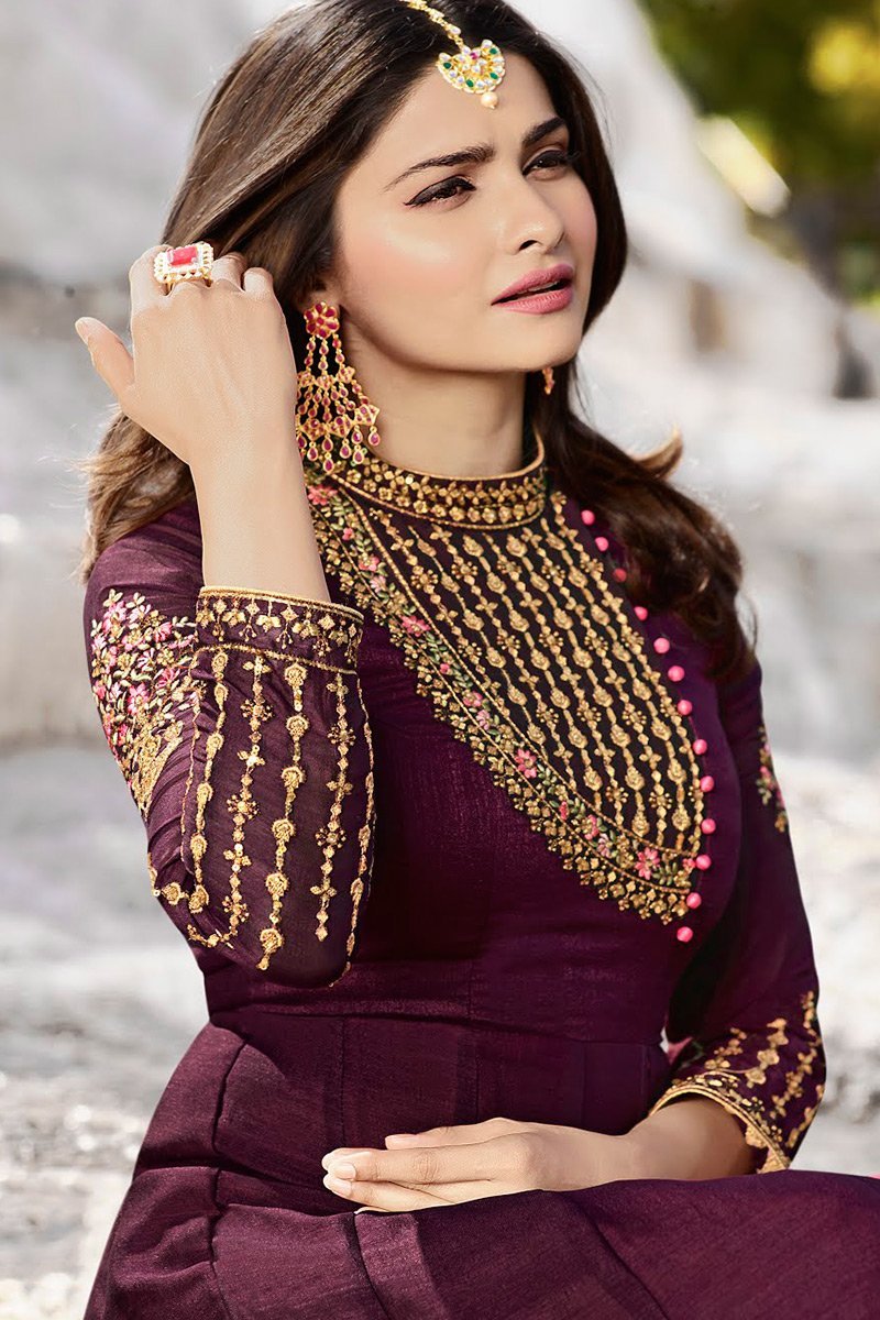 Mahogany and Baby-Pink Silk Anarkali Suit