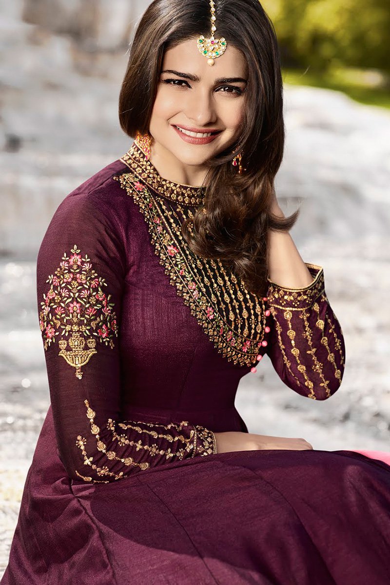 Mahogany and Baby-Pink Silk Anarkali Suit