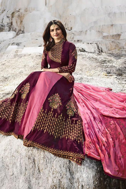 Mahogany and Baby-Pink Silk Anarkali Suit
