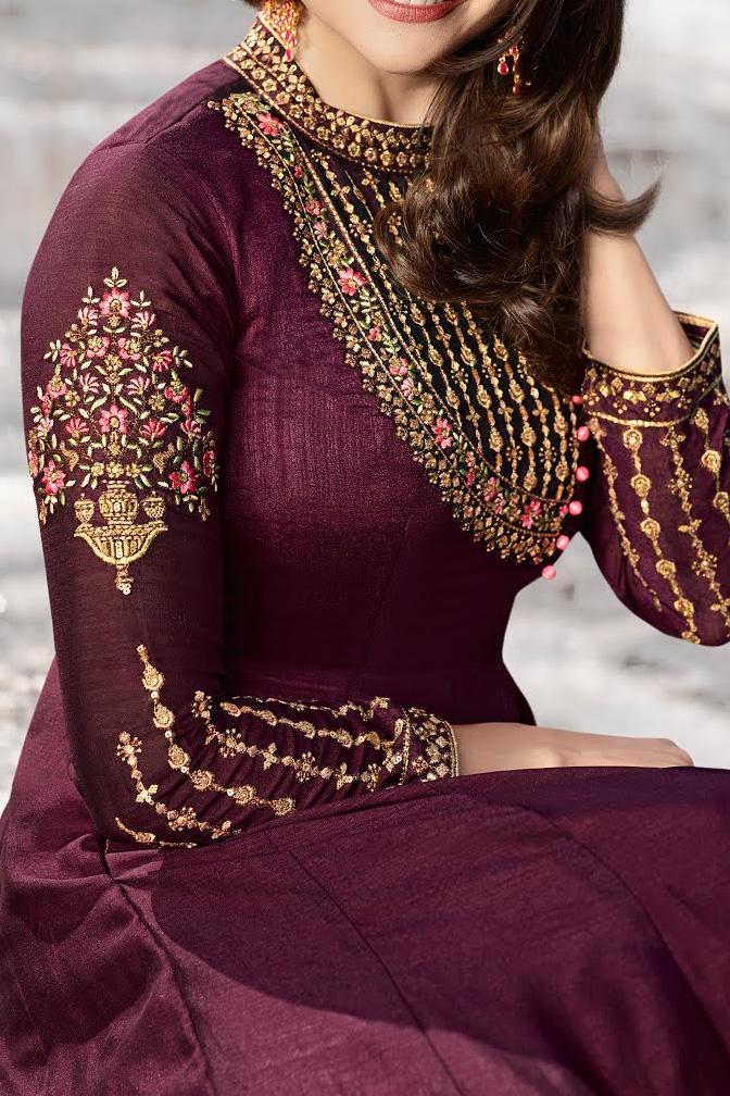 Mahogany and Baby-Pink Silk Anarkali Suit