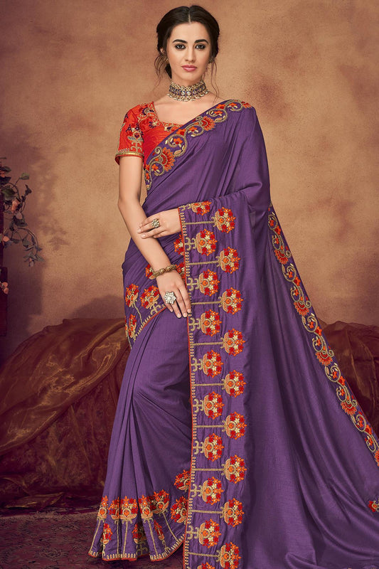 Violet And Candy Red Designer Fancy Fabric Saree