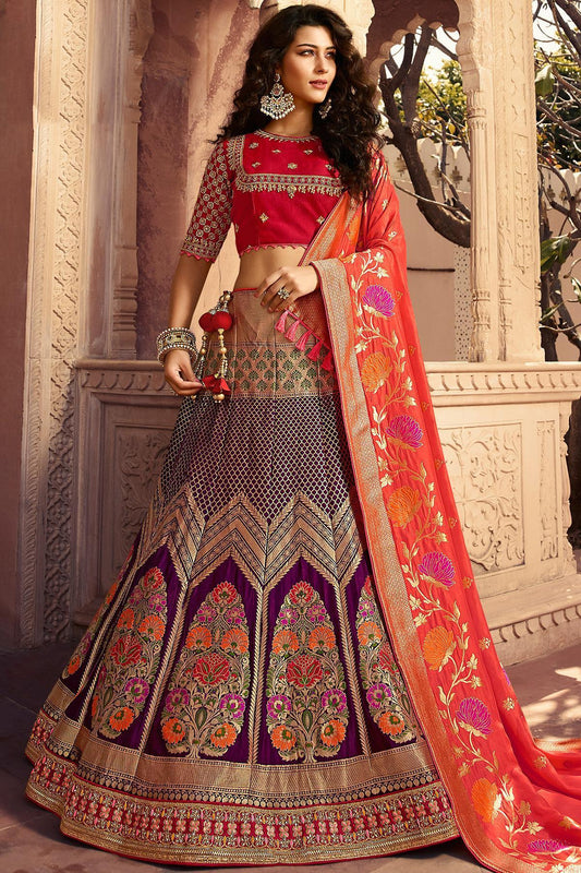 Violet and Scarlet Red Silk Lehenga Choli