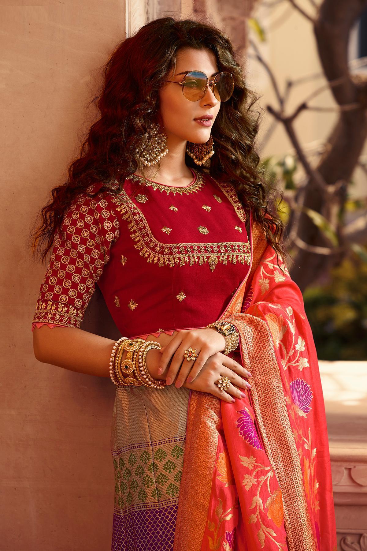 Violet and Scarlet Red Silk Lehenga Choli