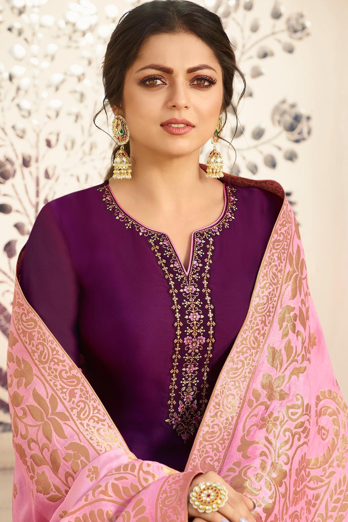 Violet Designer Embroidered Straight Suit