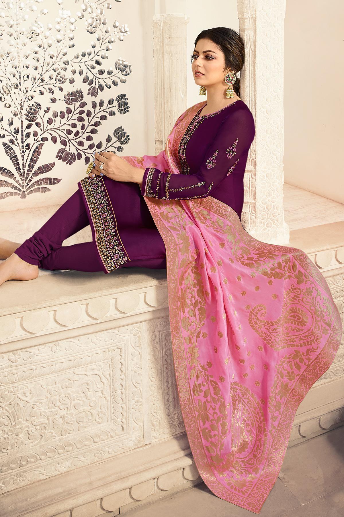Violet Designer Embroidered Straight Suit