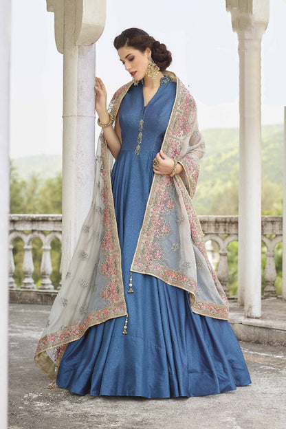 Kashmir Blue and Baby Pink Soft Taffeta Silk Gown