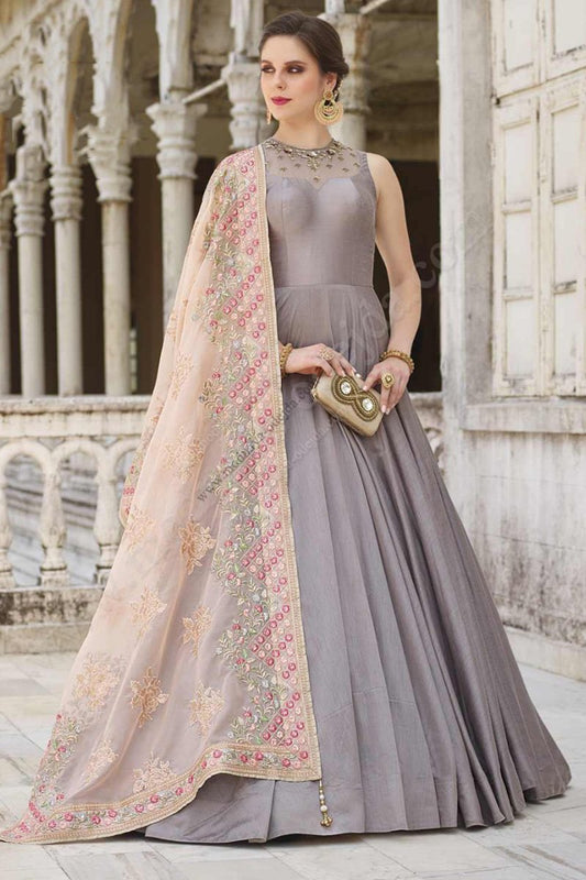 Dusty Gray and Baby Pink Soft Taffeta Silk Gown
