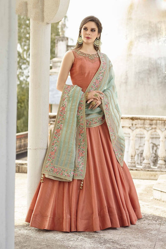 Brass and Mint Green Soft Taffeta Silk Gown