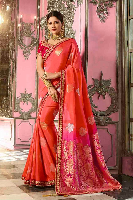 Strawberry and Garnet Red Embroidered Designer Banarasi Silk Saree