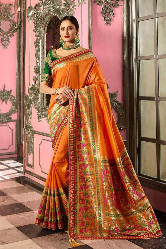 Orange and Green Embroidered Designer Banarasi Silk Saree