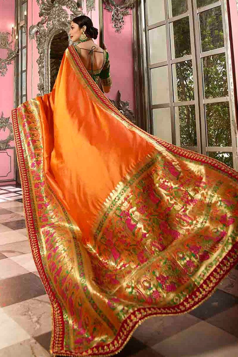 Orange and Green Embroidered Designer Banarasi Silk Saree