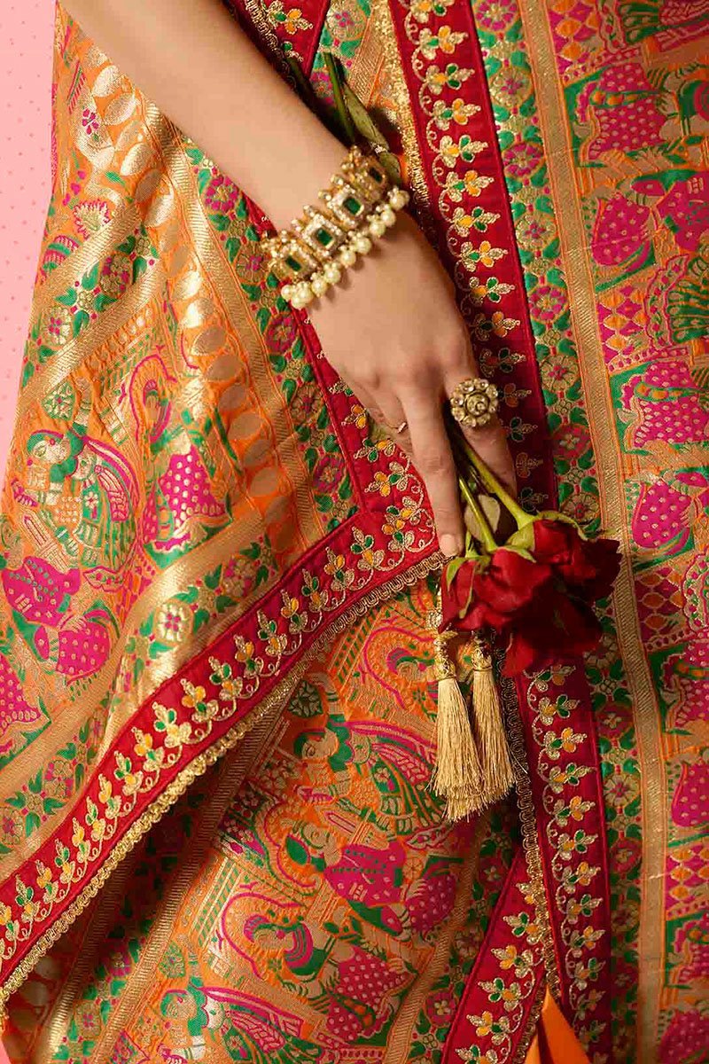 Orange and Green Embroidered Designer Banarasi Silk Saree