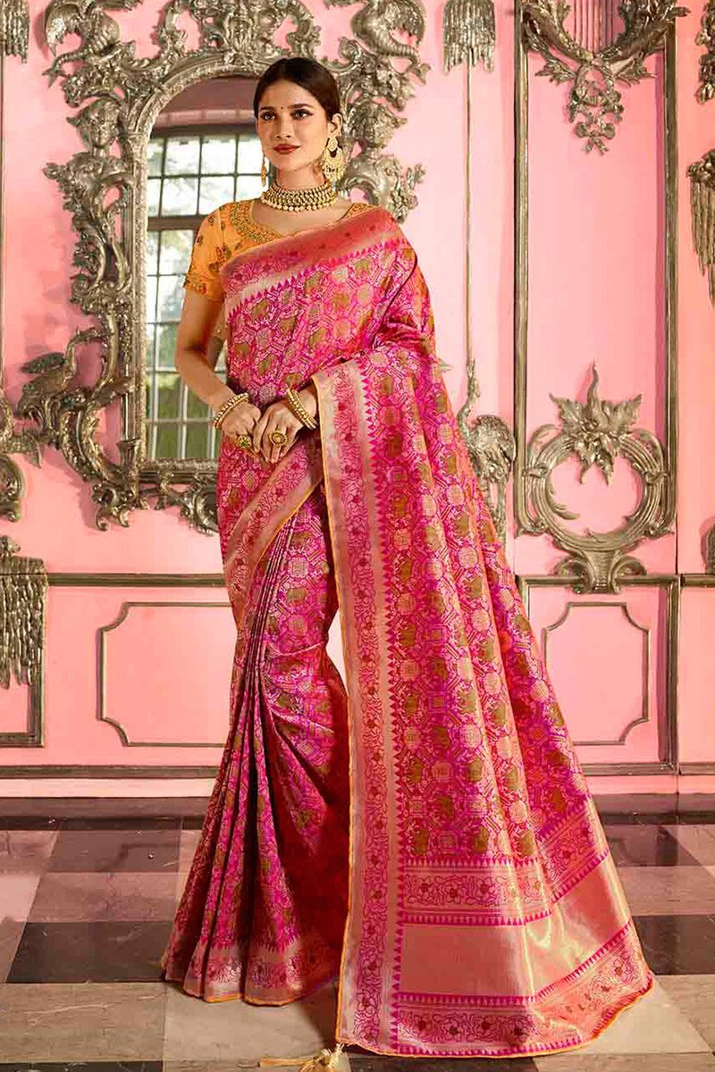 Peach and Mustard Embroidered Designer Banarasi Silk Saree