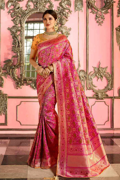 Peach and Mustard Embroidered Designer Banarasi Silk Saree