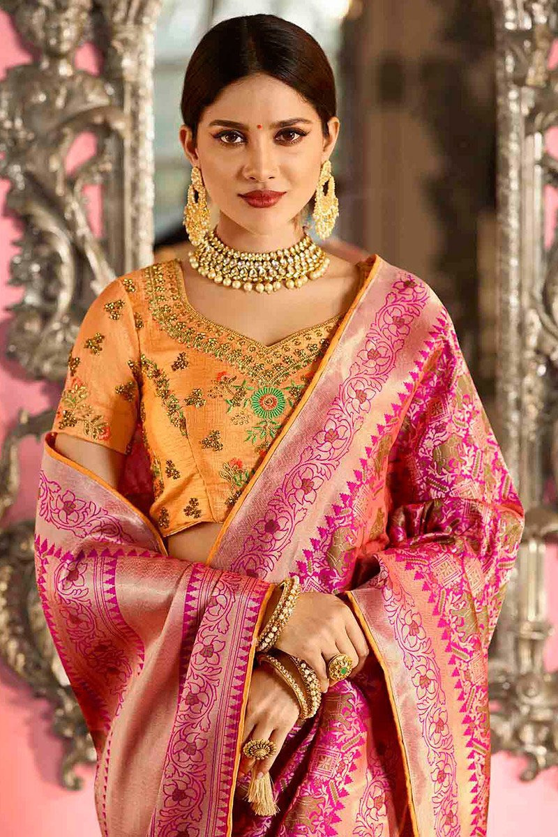 Peach and Mustard Embroidered Designer Banarasi Silk Saree