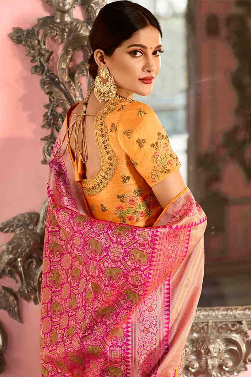 Peach and Mustard Embroidered Designer Banarasi Silk Saree