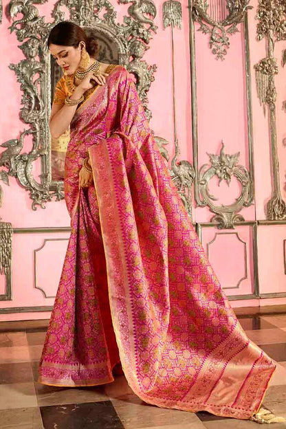 Peach and Mustard Embroidered Designer Banarasi Silk Saree