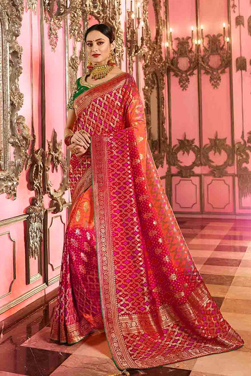Magenta and Green Embroidered Designer Banarasi Silk Saree