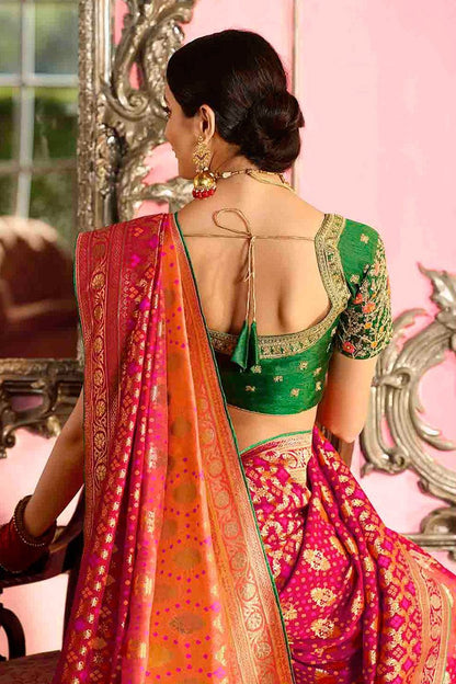 Magenta and Green Embroidered Designer Banarasi Silk Saree