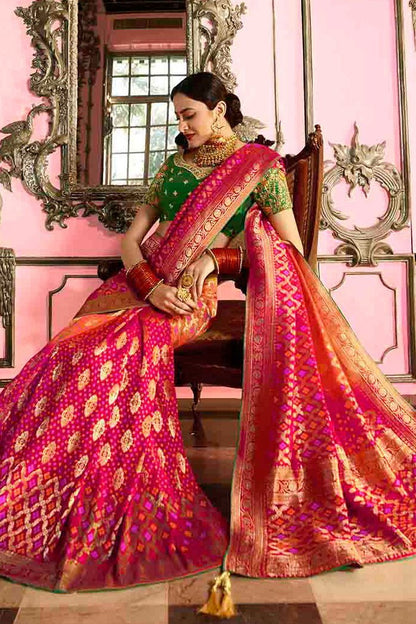 Magenta and Green Embroidered Designer Banarasi Silk Saree