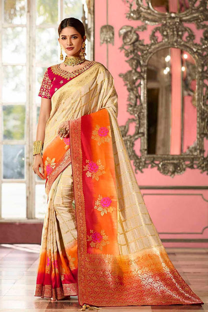 Off White and Magenta Embroidered Designer Banarasi Silk Saree