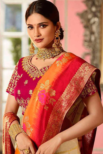 Off White and Magenta Embroidered Designer Banarasi Silk Saree