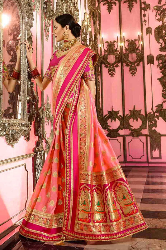 Peach and Magenta Embroidered Designer Banarasi Silk Saree