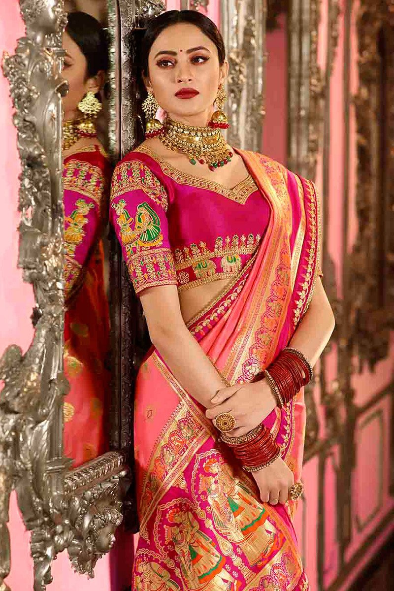 Peach and Magenta Embroidered Designer Banarasi Silk Saree