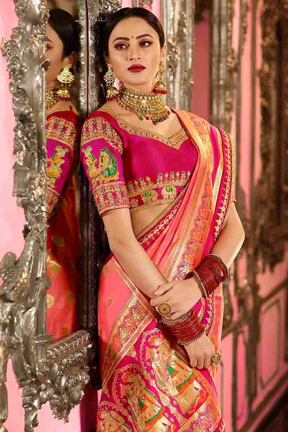 Peach and Magenta Embroidered Designer Banarasi Silk Saree