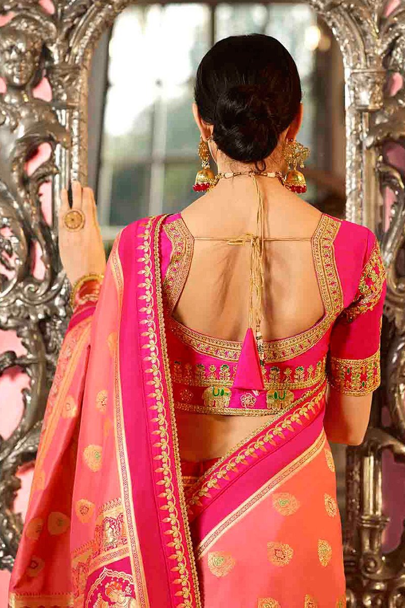 Peach and Magenta Embroidered Designer Banarasi Silk Saree