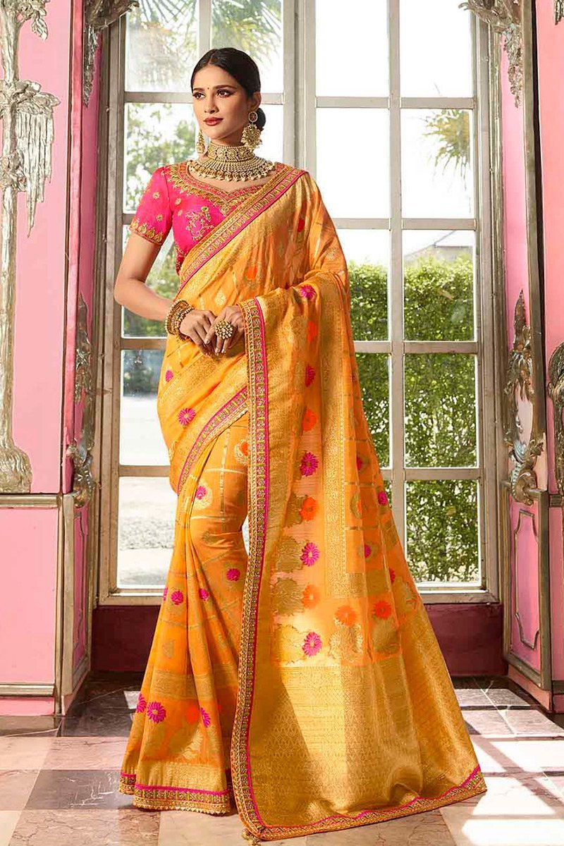 Mustard and Pink Embroidered Designer Banarasi Silk Saree