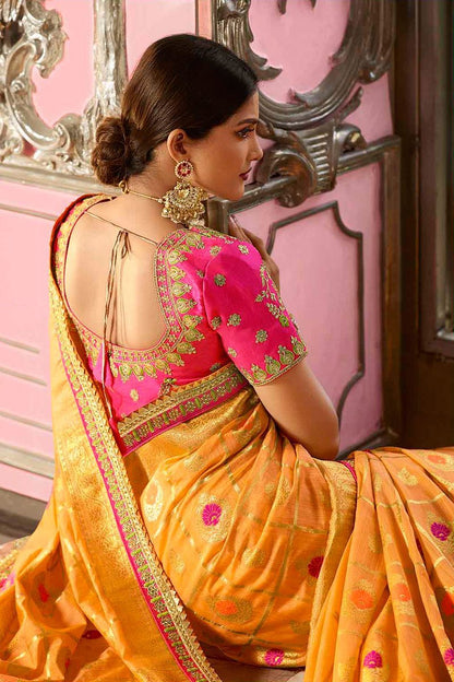 Mustard and Pink Embroidered Designer Banarasi Silk Saree