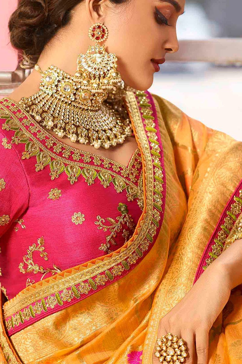 Mustard and Pink Embroidered Designer Banarasi Silk Saree