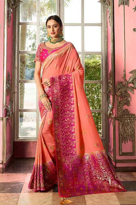 Dual Shade Peach and magenta with Pink Embroidered Designer Banarasi Silk Saree