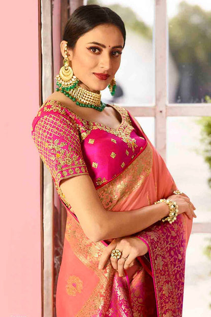 Dual Shade Peach and magenta with Pink Embroidered Designer Banarasi Silk Saree