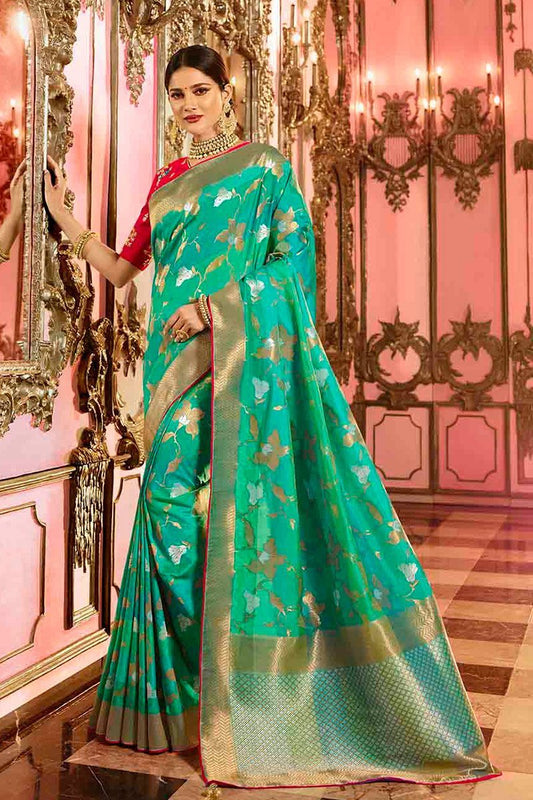 Sapphire Blue and Red Embroidered Designer Banarasi Silk Saree