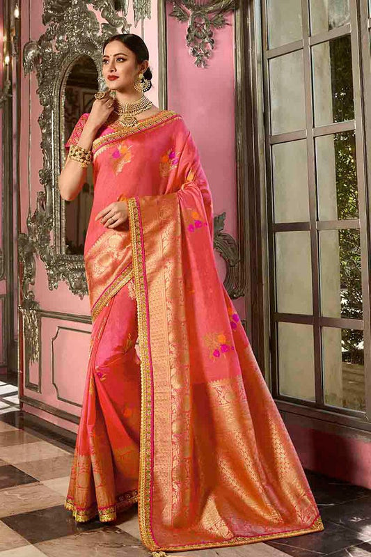 Peach and Pink Embroidered Designer Banarasi Silk Saree