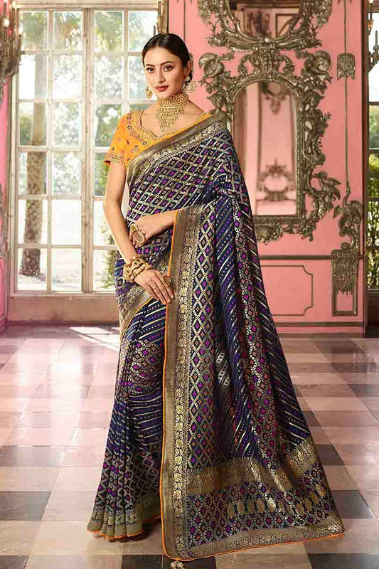Navy Blue and Honey Yellow Embroidered Designer Banarasi Silk Saree