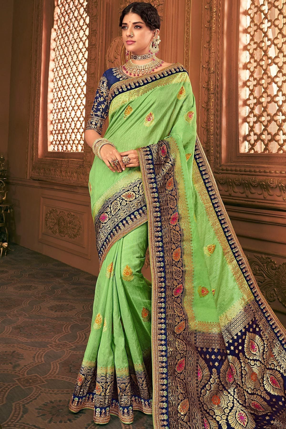 Green and Blue Party Wear Designer Silk Saree