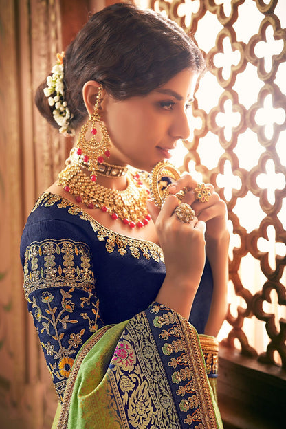 Green and Blue Party Wear Designer Silk Saree