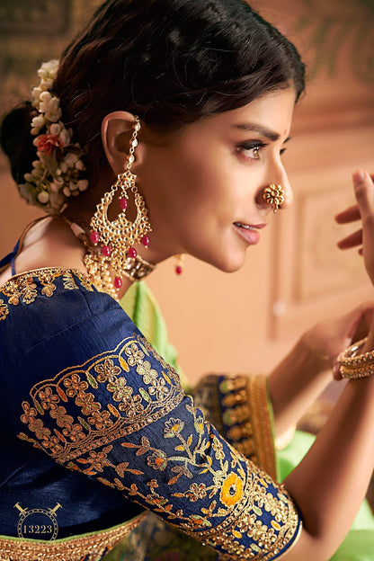 Green and Blue Party Wear Designer Silk Saree